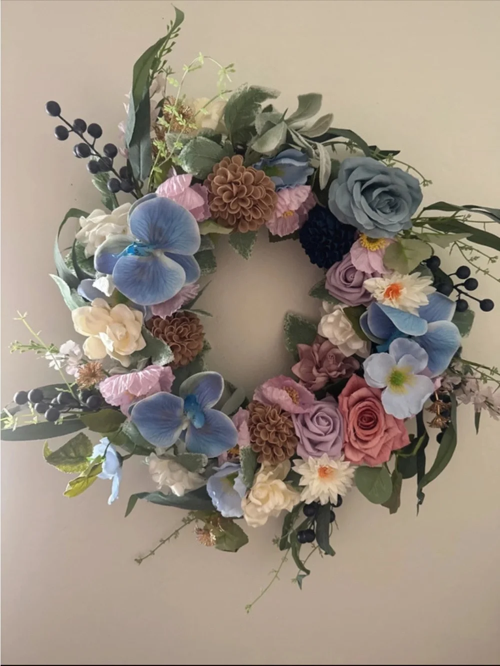 Elegant Blue & Pink Mixed Floral Wreath - Home Accents